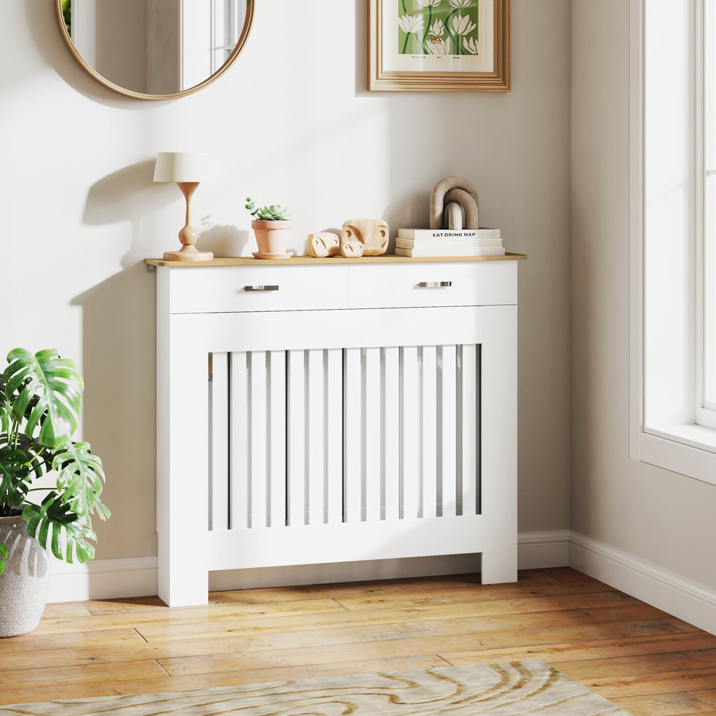 Anti-tipping slatted radiator cover with storage drawer, in wood, 112x19x97 cm, White