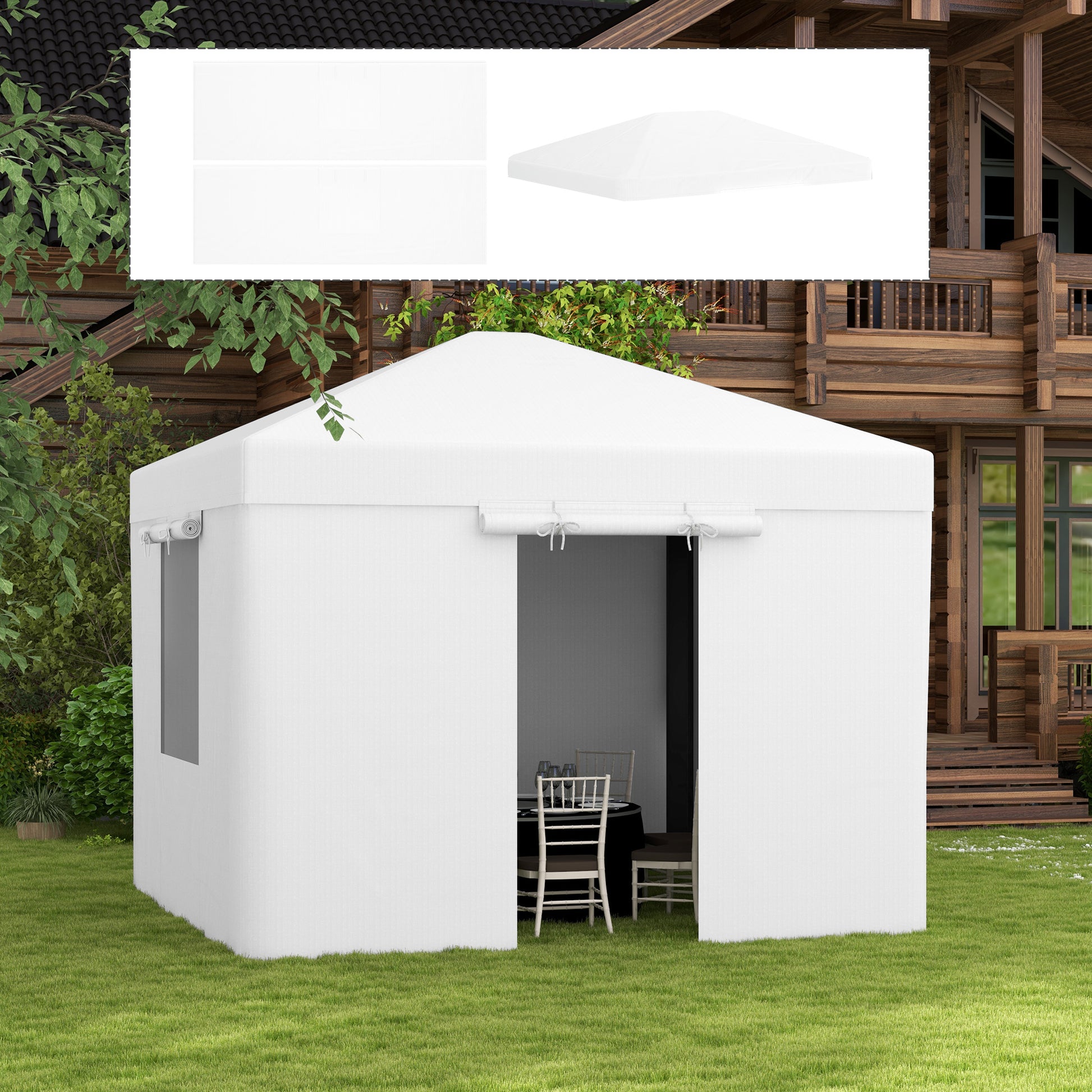 3x3 m Waterproof PE Gazebo Cover with Hinged Doors and Windows, White. (COVER ONLY) - Borgè