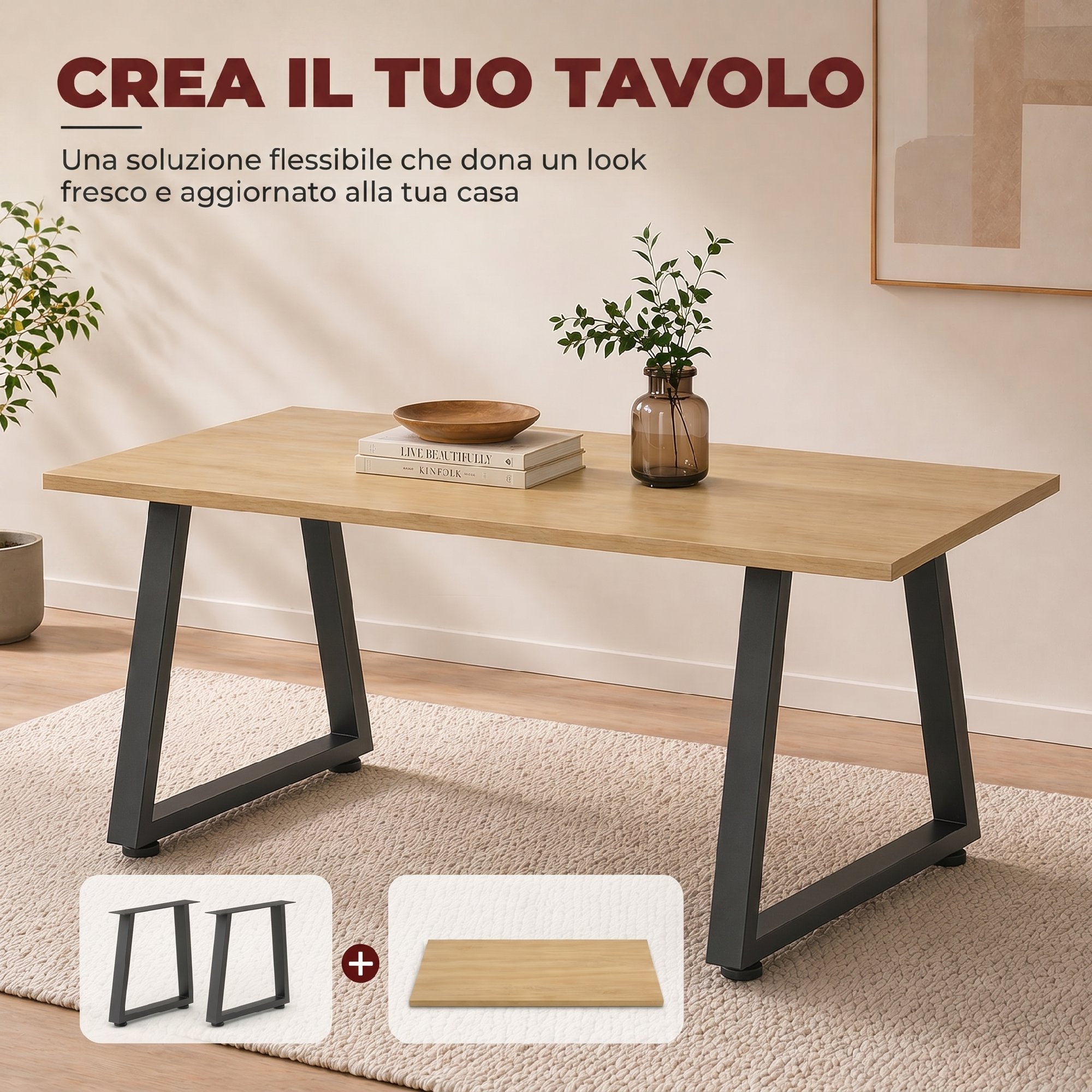 HOMCOM Set of 2 Trapezoidal Steel Table Legs with 12 Holes and 12 Screws, 75 kg Capacity, for Bench, Coffee Table, Black