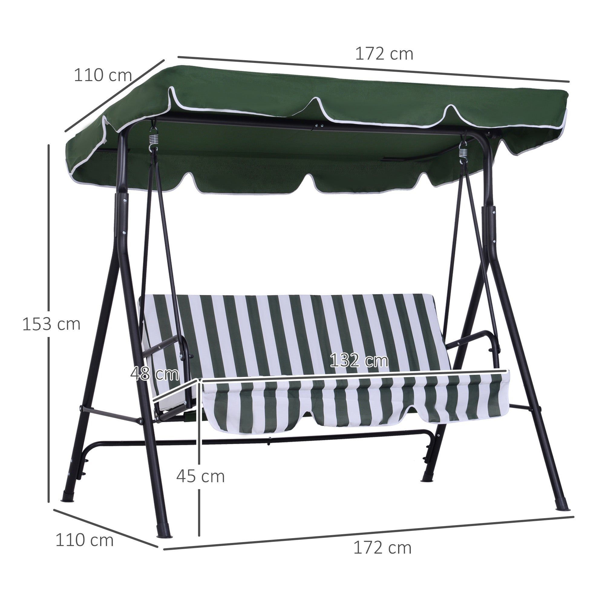 3-Seater Garden Swing with Tilting Roof and Cushions, 172x110x153 cm, Green