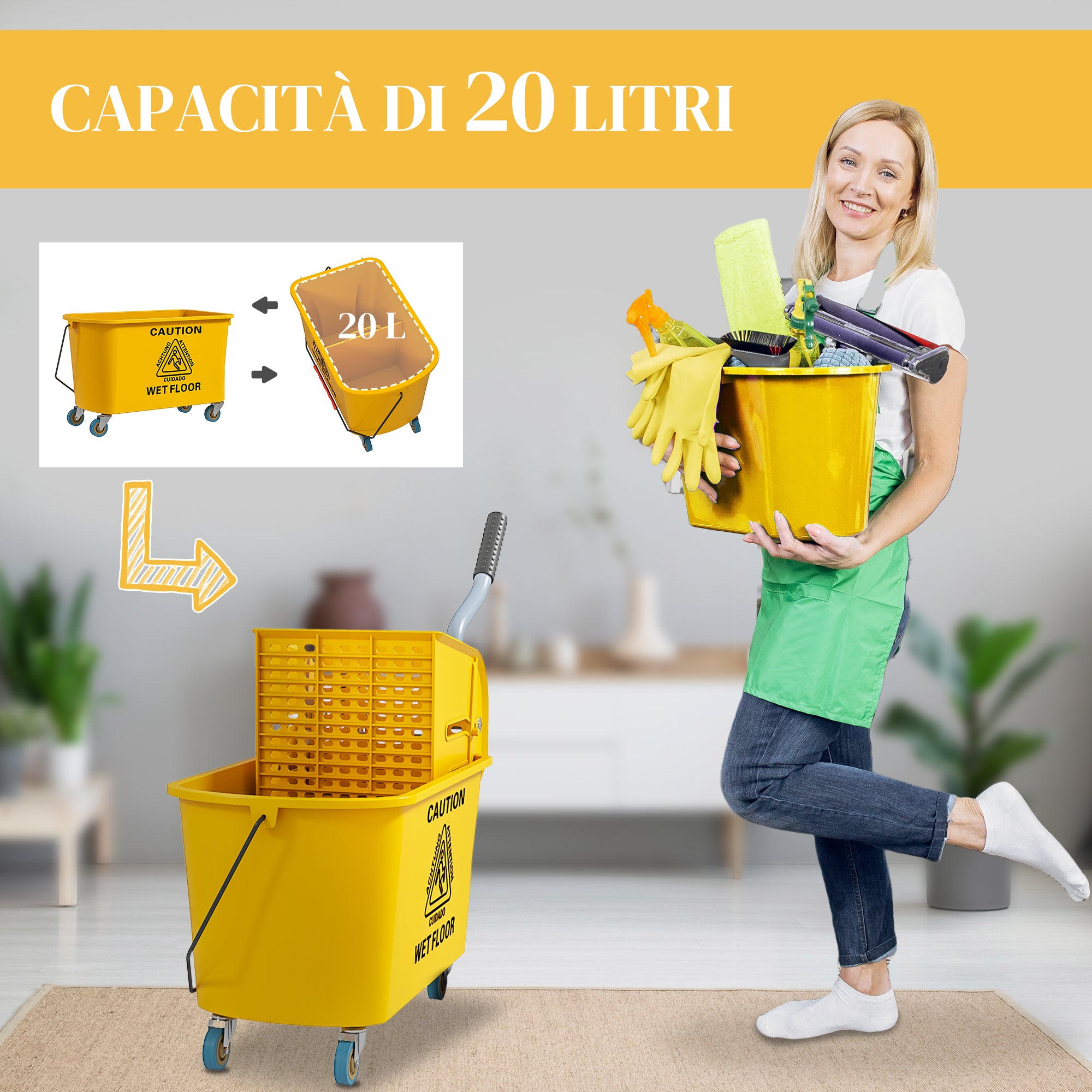 Professional 20L Floor Mop Bucket with Mop, Wringer, Wheels and Handle, 45x26.5x70 cm, Yellow