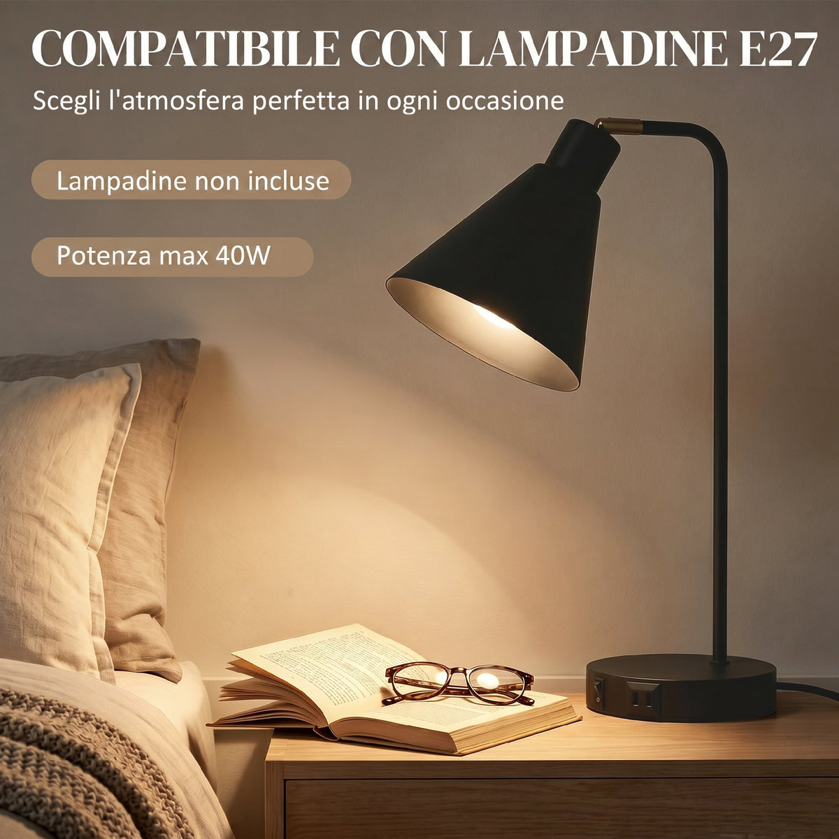 HOMCOM Set of 2 Modern Steel Table Lamps with USB Ports, E27 Socket, Black