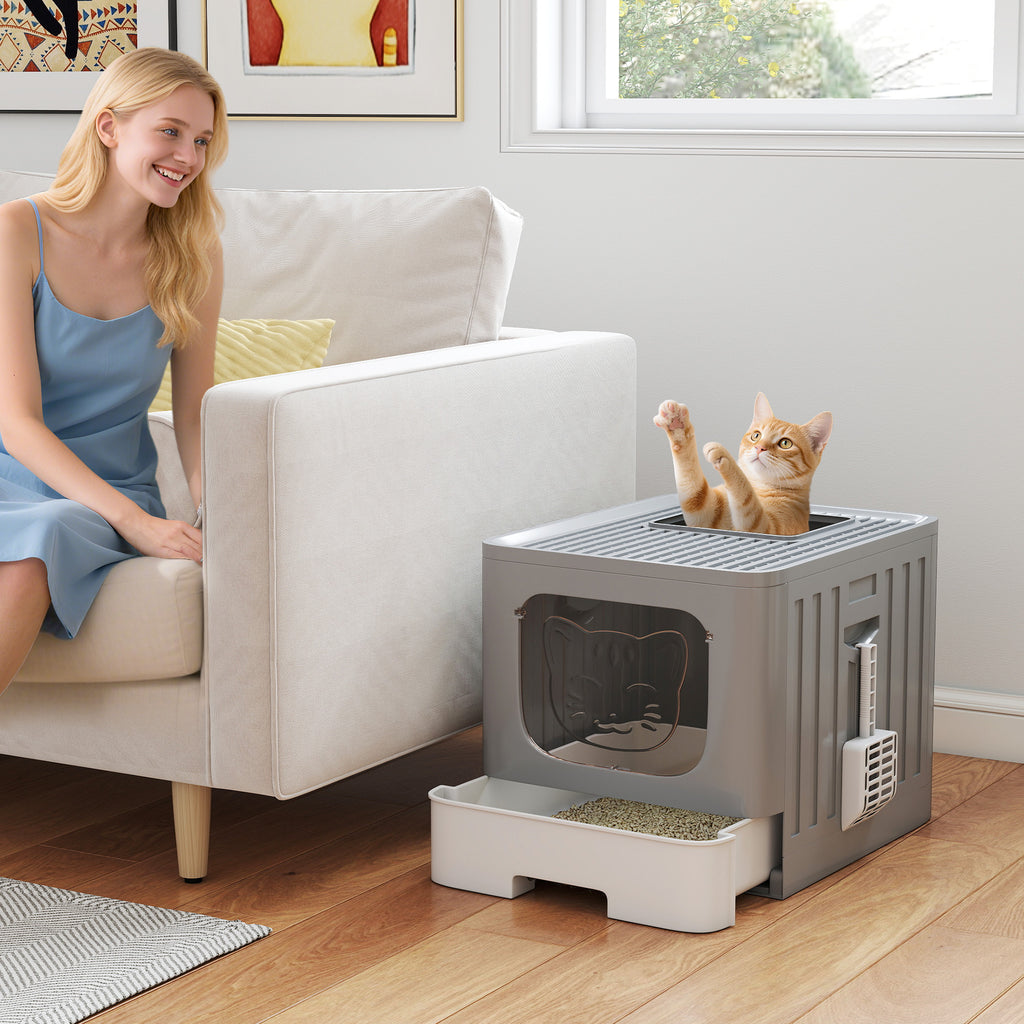 PawHut Cat Litter Box M 60L with Lid, Removable Tray, Scoop, Anti-Leak, Easy to Clean, Grey