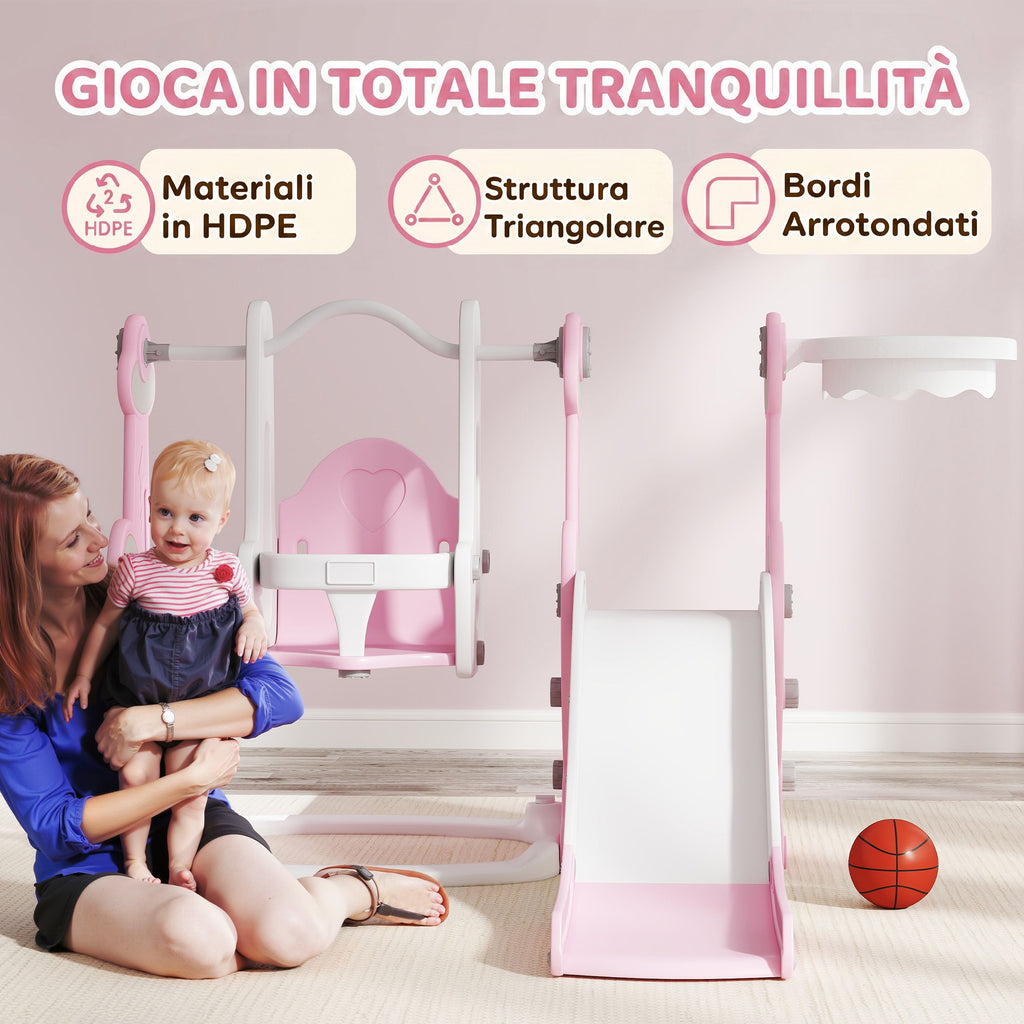 AIYAPLAY 4-in-1 Baby Slide with Swing, Climbing Ladder and Basketball Hoop, 18-48 Months, Pink