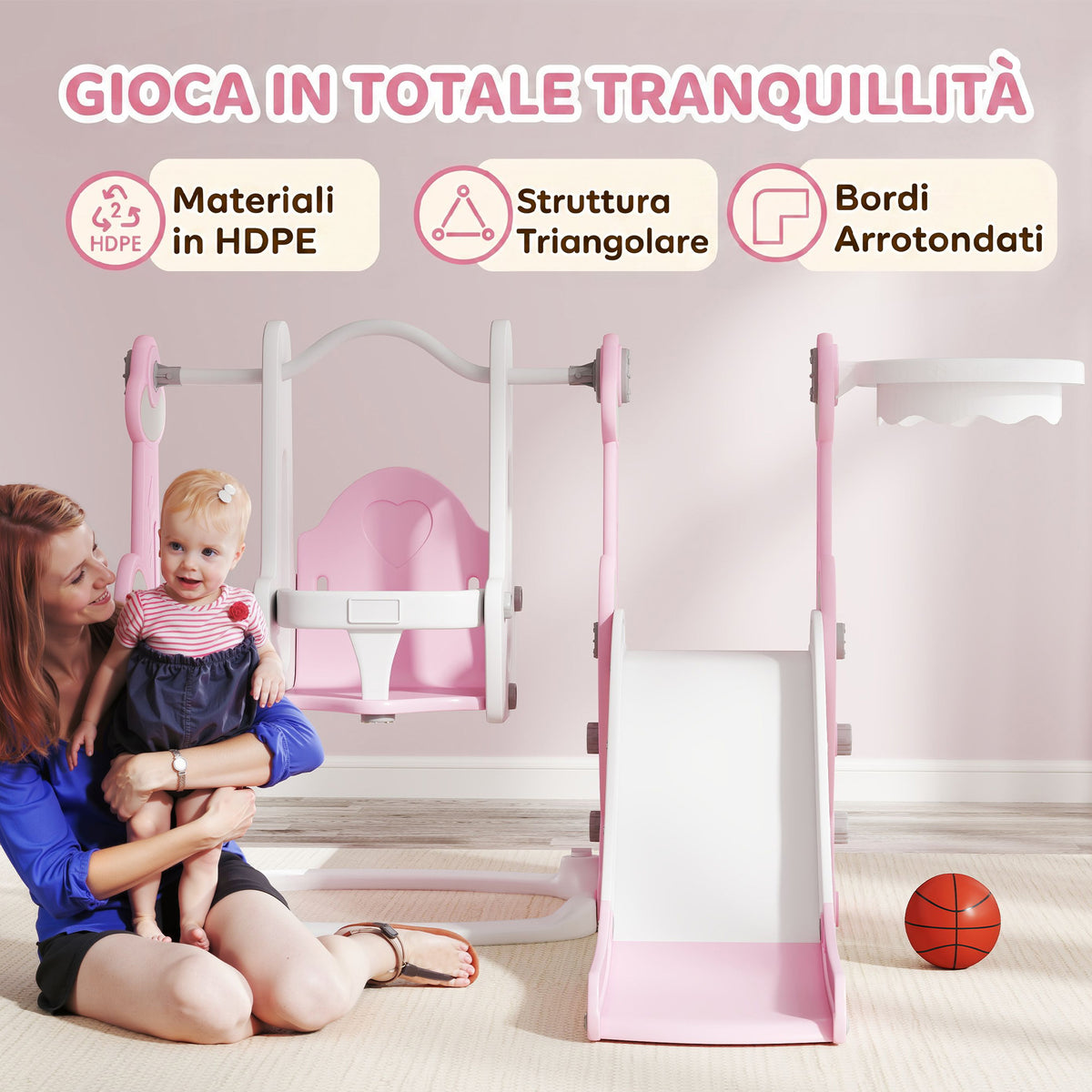 AIYAPLAY 4-in-1 Baby Slide with Swing, Climbing Ladder and Basketball Hoop, 18-48 Months, Pink
