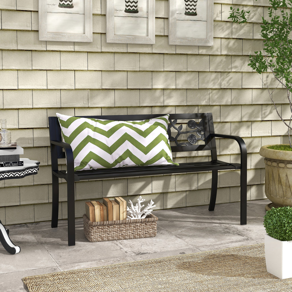 Outsunny Garden bench 2 seats in steel with decorated back and armrests, 127x50x75cm, black - Borgè