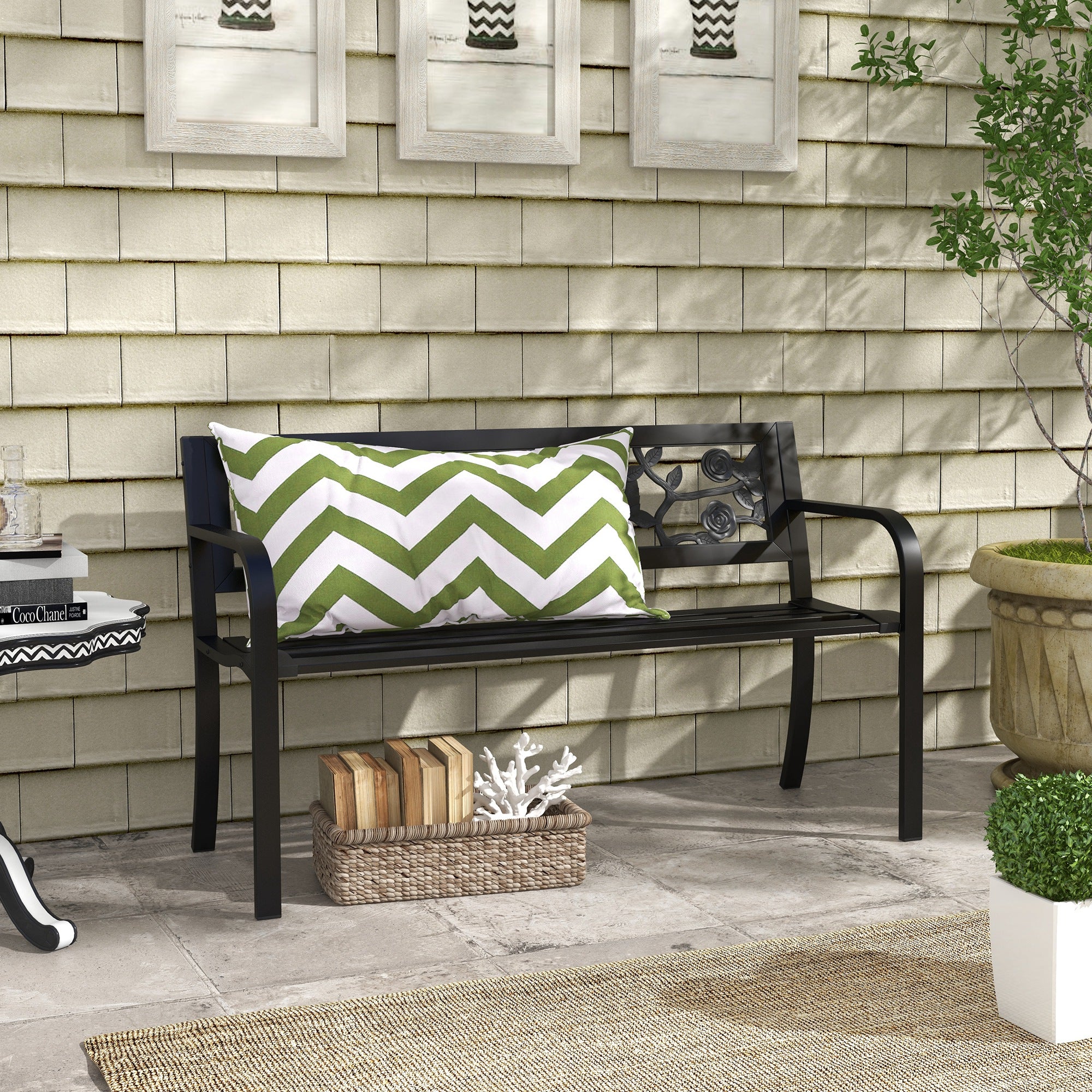 Outsunny Garden bench 2 seats in steel with decorated back and armrests, 127x50x75cm, black - Borgè