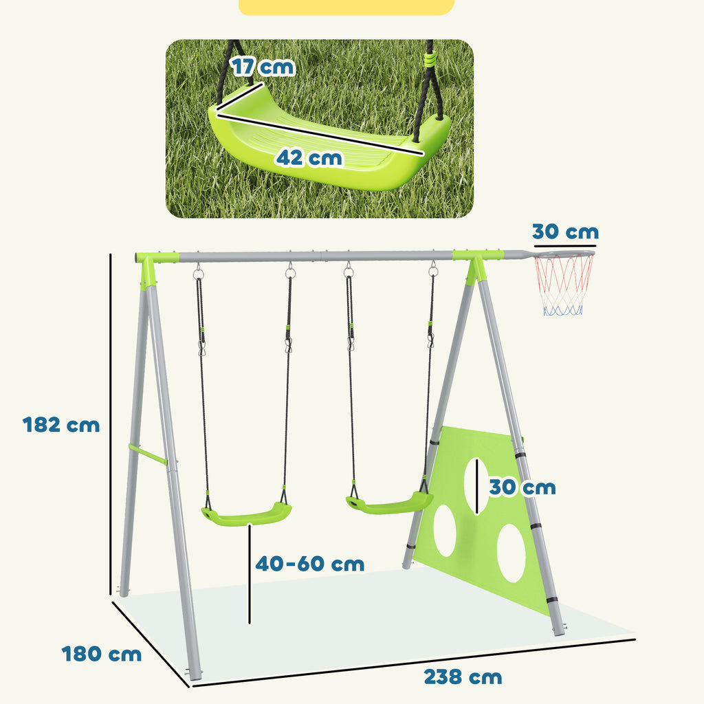 3 in 1 Children's Play Set with Garden Swing, Basketball Hoop and Football Goal, 238x180x182 cm, Green and Grey