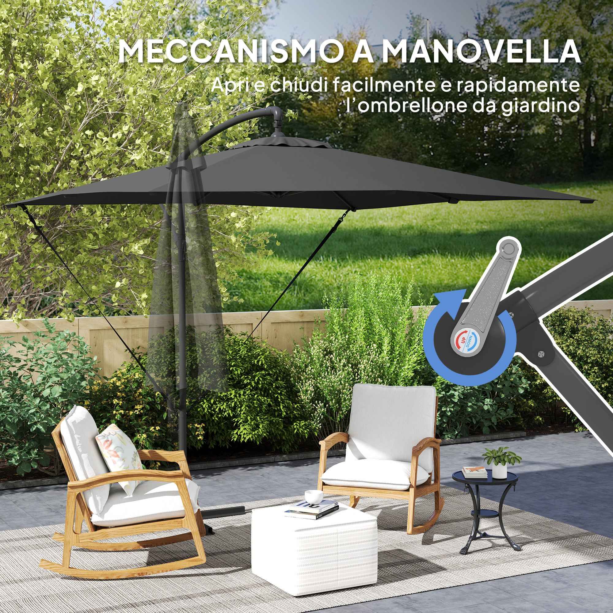 Outsunny Adjustable Cantilever Umbrella with Cross Base and Crank Handle, in Steel and Polyester, 247x247x256, Dark Grey