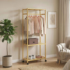 HOMCOM Freestanding Coat Rack with Rail, Shelves and 4 Bamboo Wheels, 70x35x175 cm, Natural Wood