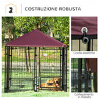 Lockable Outdoor Dog Playpen with 2 Rotating Bowls and Removable Cover, Black and Red