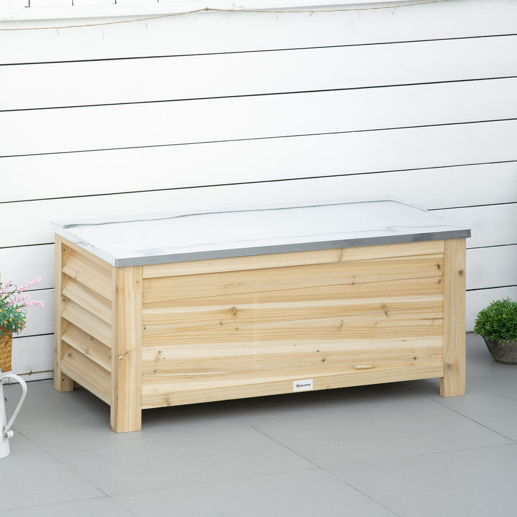 Outsunny 155L Outdoor Wooden Storage Chest with Metal Lid and 2 Shock Absorbers, 110x50x50 cm, Wood Color