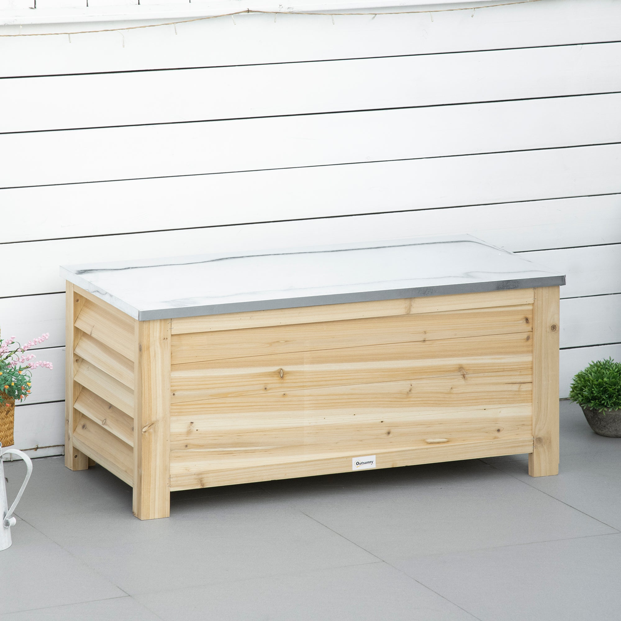 Outsunny 155L Outdoor Wooden Storage Chest with Metal Lid and 2 Shock Absorbers, 110x50x50 cm, Wood Color