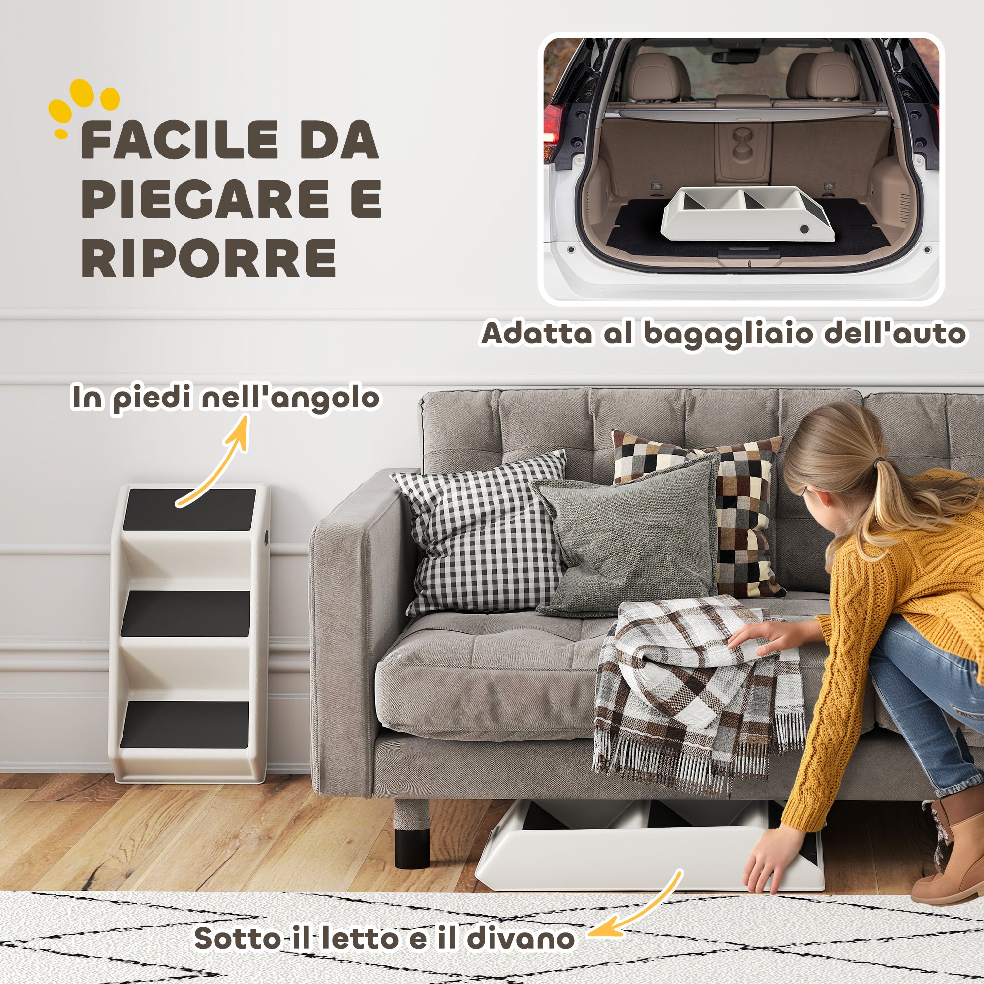 3-Step Non-Slip Dog and Cat Step Ladder, Foldable Design with 10kg Capacity, Cream