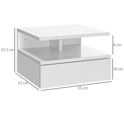 Set of 2 Modern Floating Bedside Tables with Drawer and Wooden Shelf 35x32x22.5cm, Glossy White