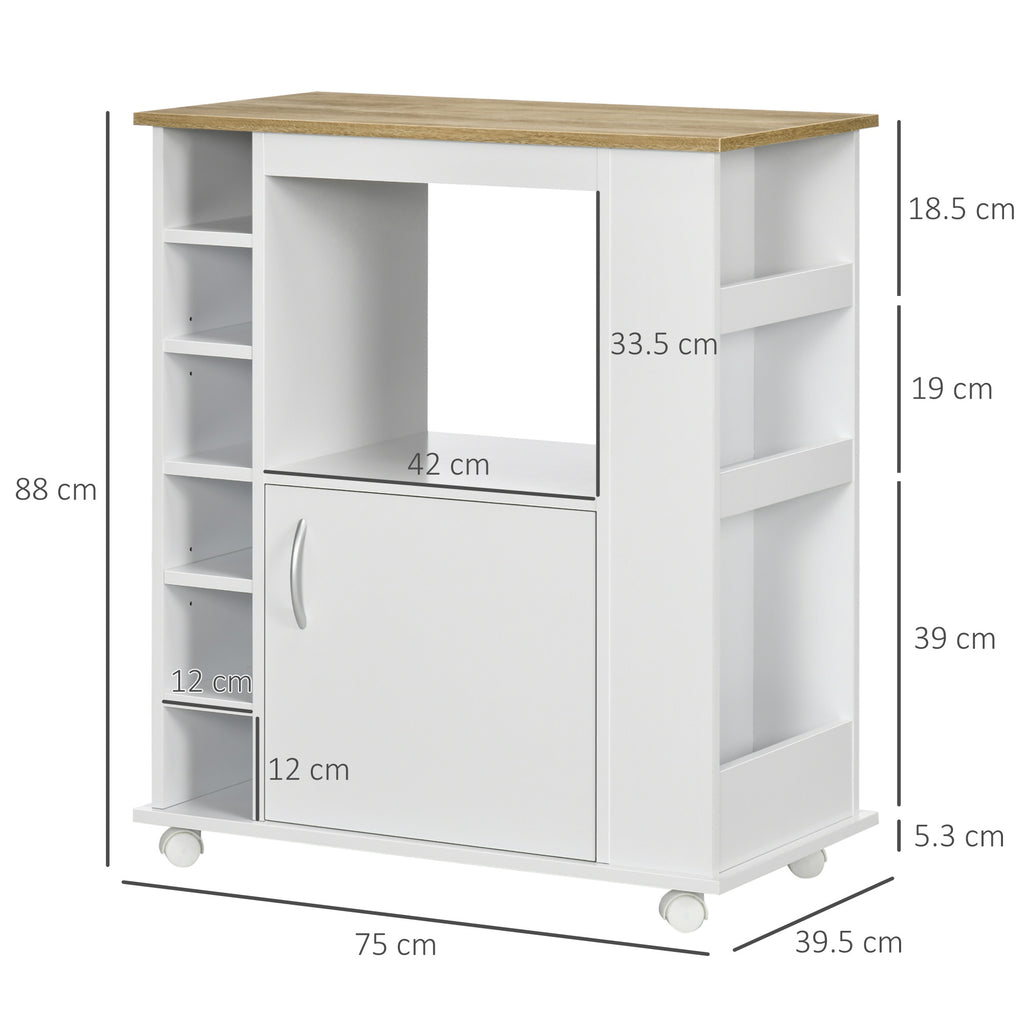 Kitchen Trolley with Cabinet and Adjustable Shelves, Swivel Wheels and Brake, 75x39.5x88 cm, White