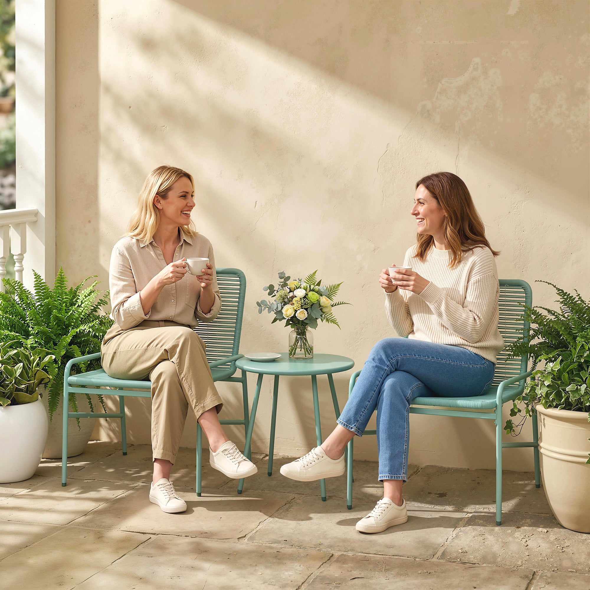 Outsunny 3-Piece Rattan Bistro Set: 2 Chairs, Round Garden Table, Green.