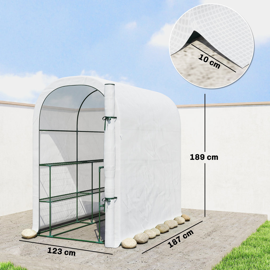 Outsunny Garden Greenhouse with 2-Tier Shelves and Roll-Up Door, Steel and PE, 123x187x189 cm, White