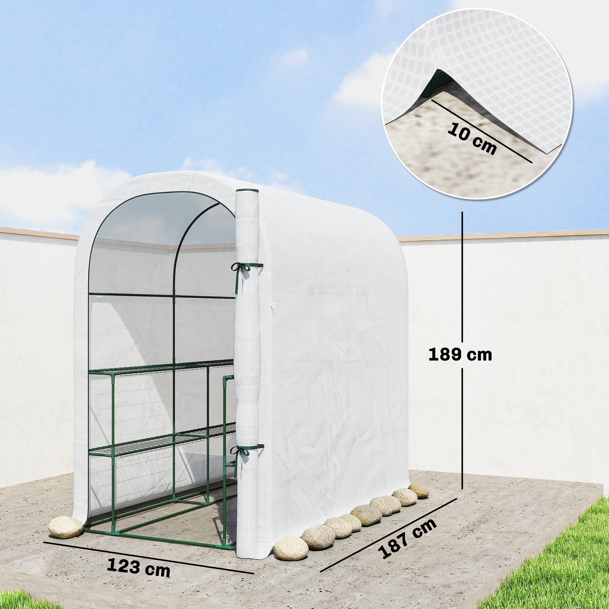 Outsunny Garden Greenhouse with 2-Tier Shelves and Roll-Up Door, Steel and PE, 123x187x189 cm, White