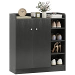 Shoe Rack with 4 Open Shelves, Multipurpose Shoe Cabinet with 2 Doors and Adjustable Shelves, Space-Saving Shoe Storage for 12 Pairs, 83x30x90 cm, Black