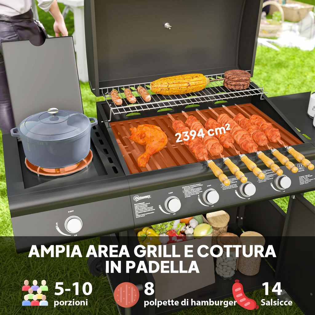 Gas Barbecue with Side Burner, Table and Cabinet, in Steel and PP, 129.5x56x110 cm, Black