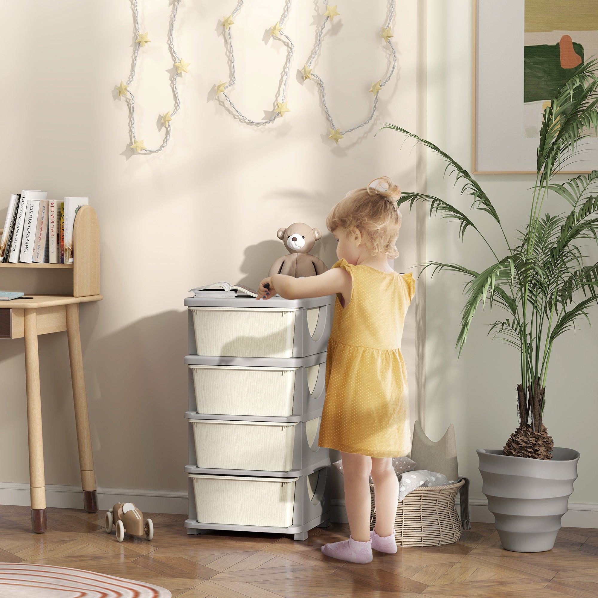 Colourful Plastic Chest of Drawers for Children's Bedroom with 4 Drawers, 37x37x76 cm, Cream
