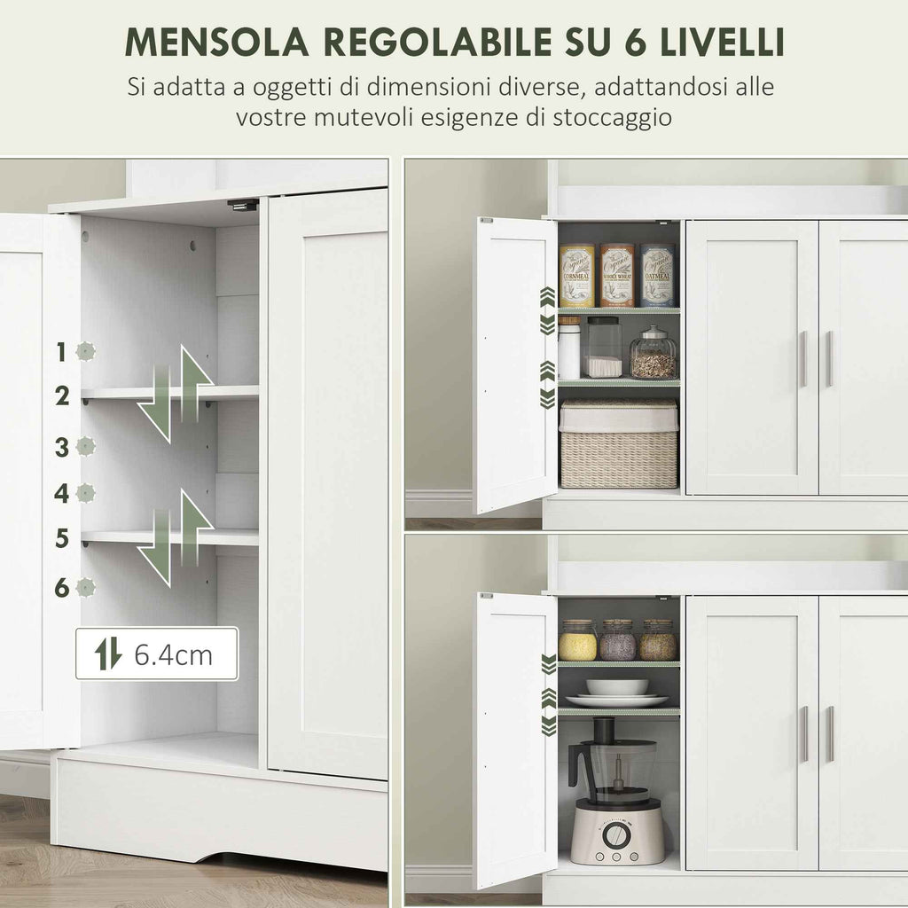 HOMCOM 4-Cup Pantry Unit with 2 Open Shelves and Worktop, Wood and Glass, 108x35x180 cm, White