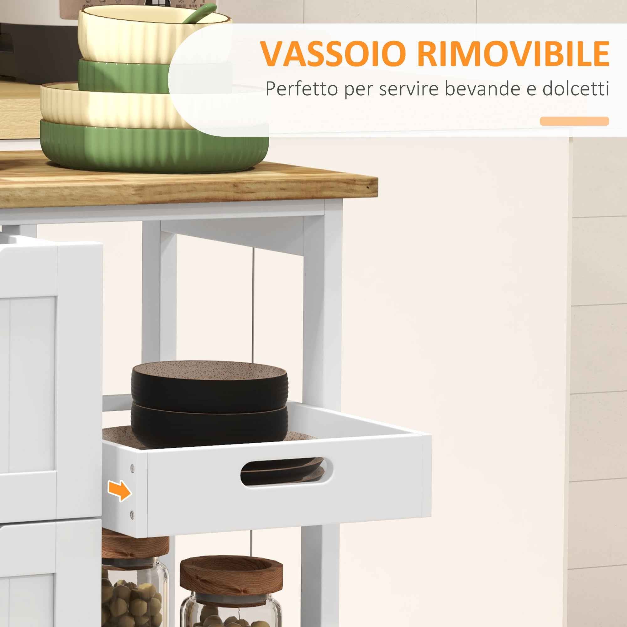 HOMCOM Wooden Kitchen Cart with 3 Drawers and 3 Open Shelves, 67x37x85.5 cm, White