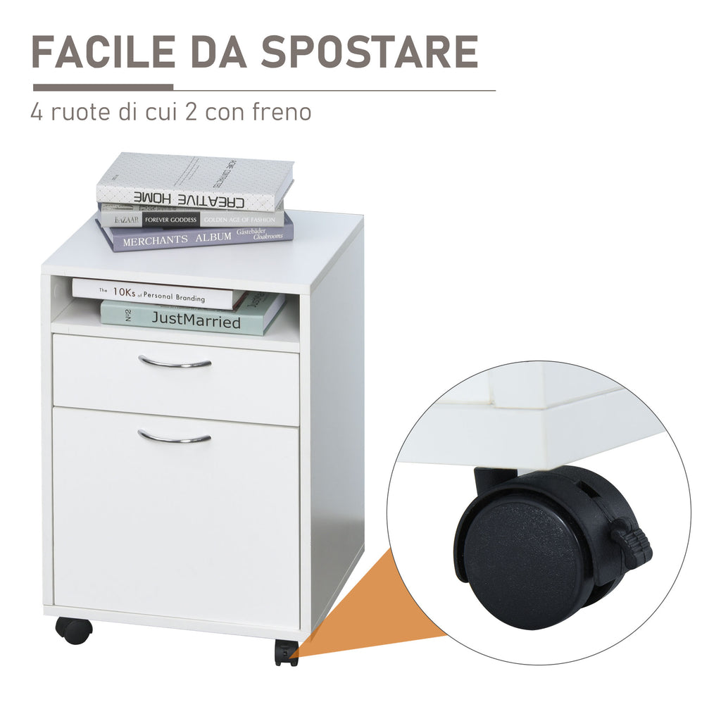 4-Wheel Office File Cabinet with Open Shelf and 2 Drawers, Wood and Metal Office Storage Unit, 40x35x60 cm, White