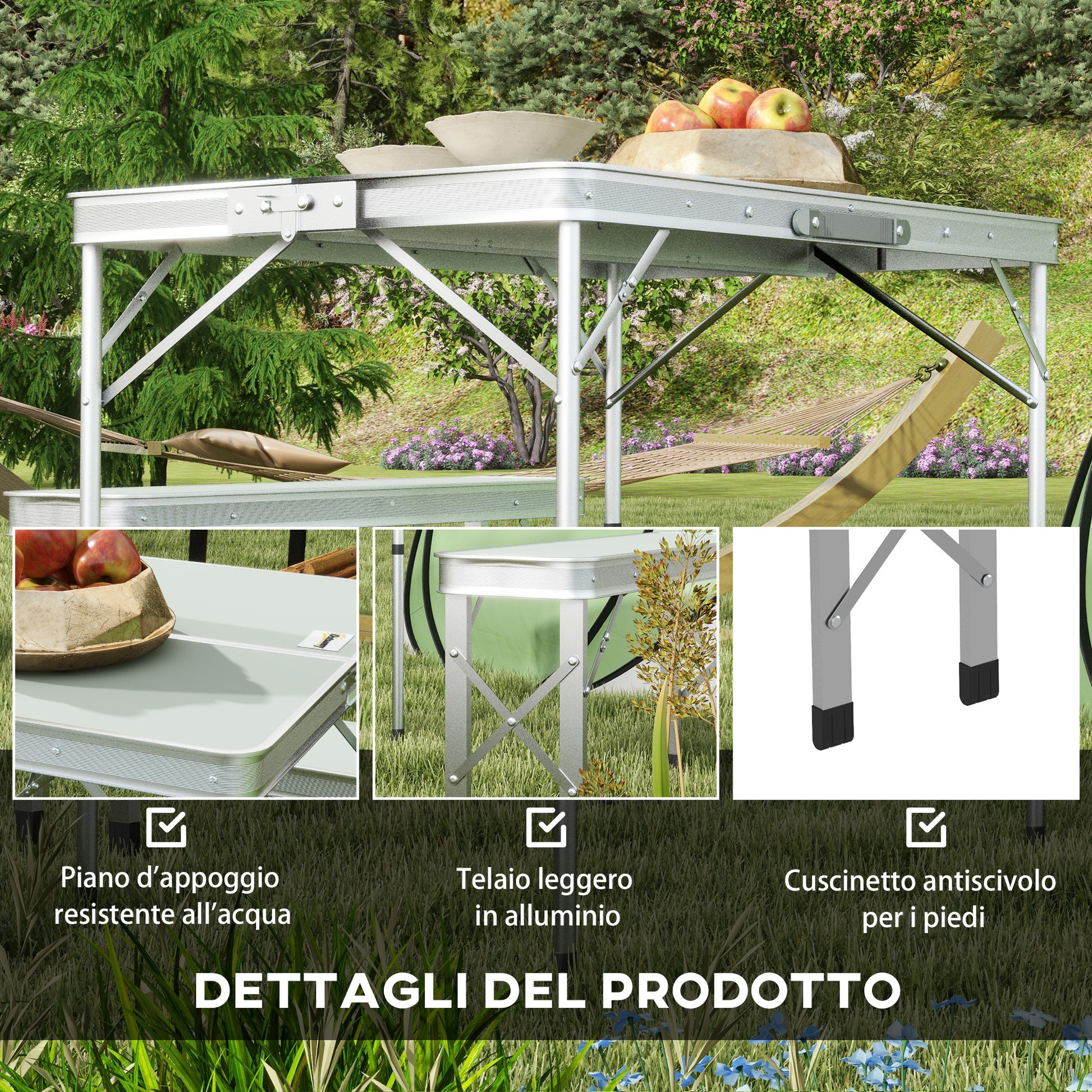 Outsunny Folding Picnic Table 90x62x70 cm with 2 Outdoor Benches 86x23x40 cm, in MDF and Aluminium, Silver - Borgè