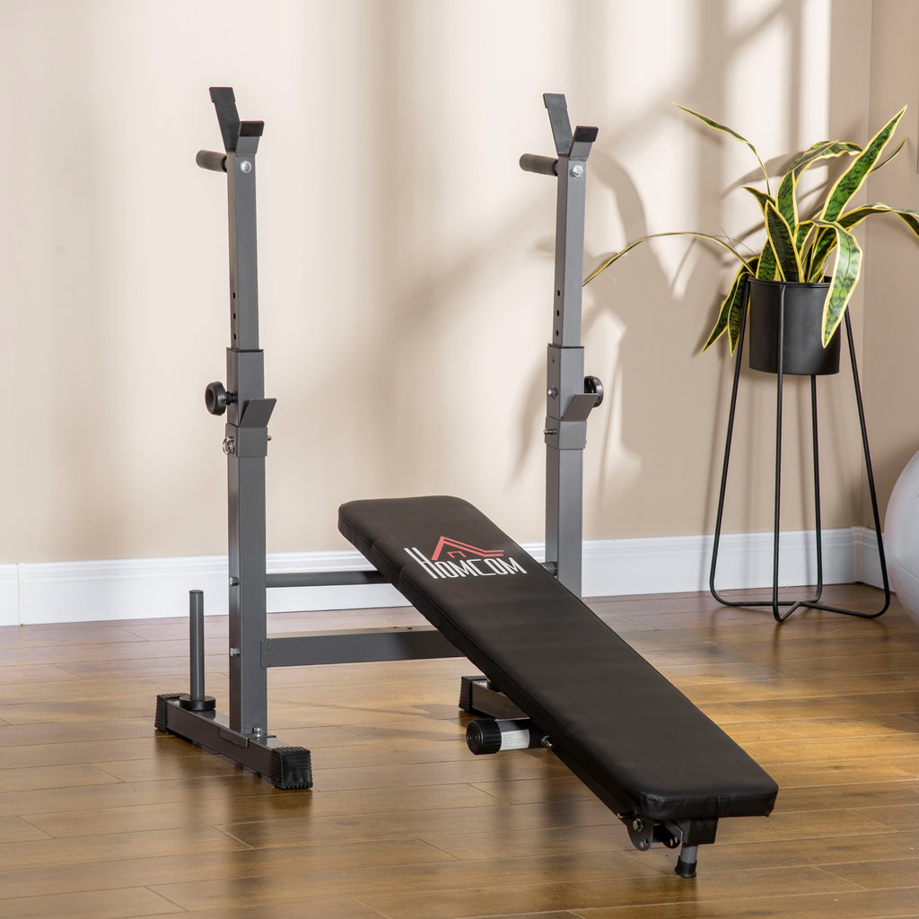 Folding Weight Bench with 8 Adjustable Heights and Steel and PU Barbell Rack, 140x73x98-122 cm, Grey