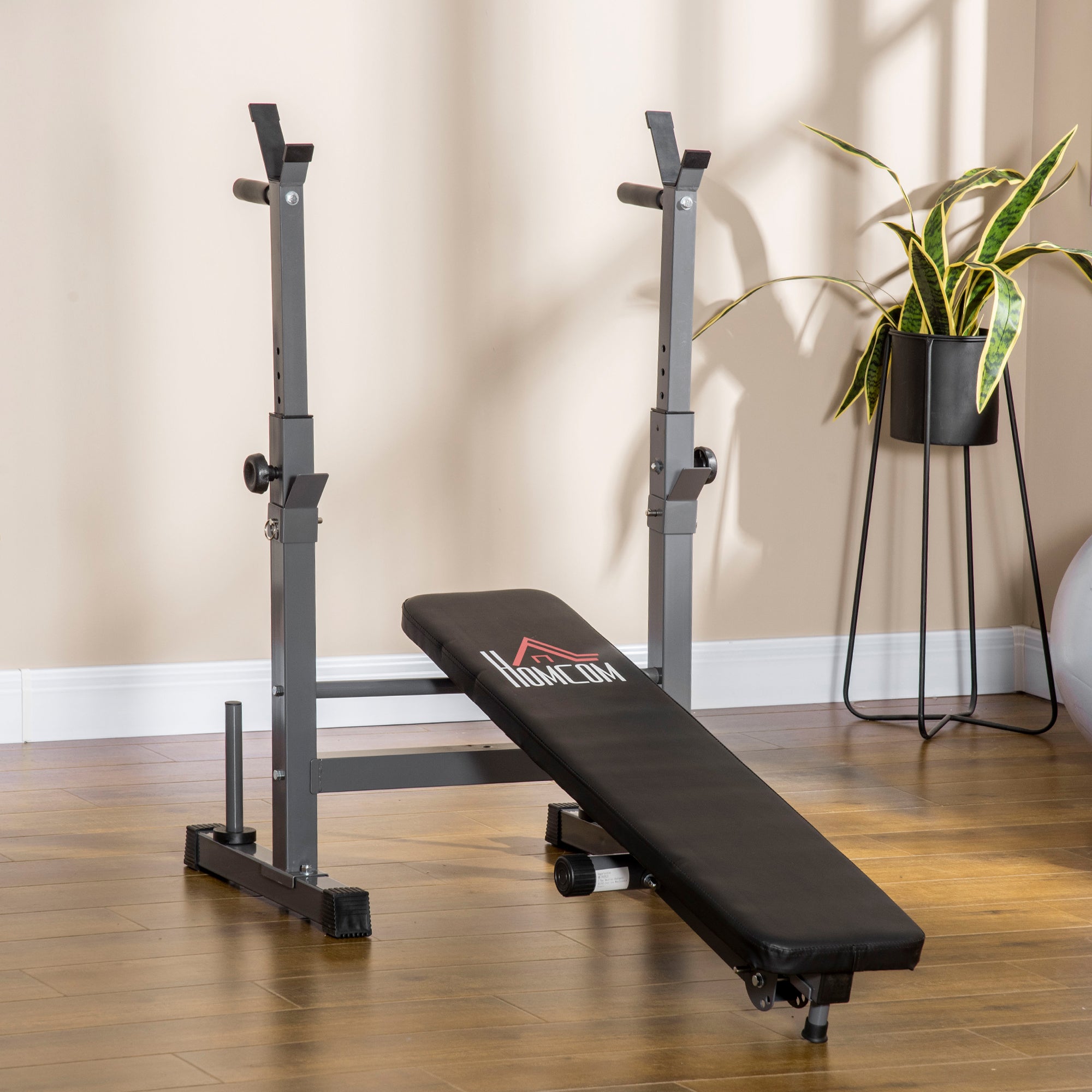 Folding Weight Bench with 8 Adjustable Heights and Steel and PU Barbell Rack, 140x73x98-122 cm, Grey