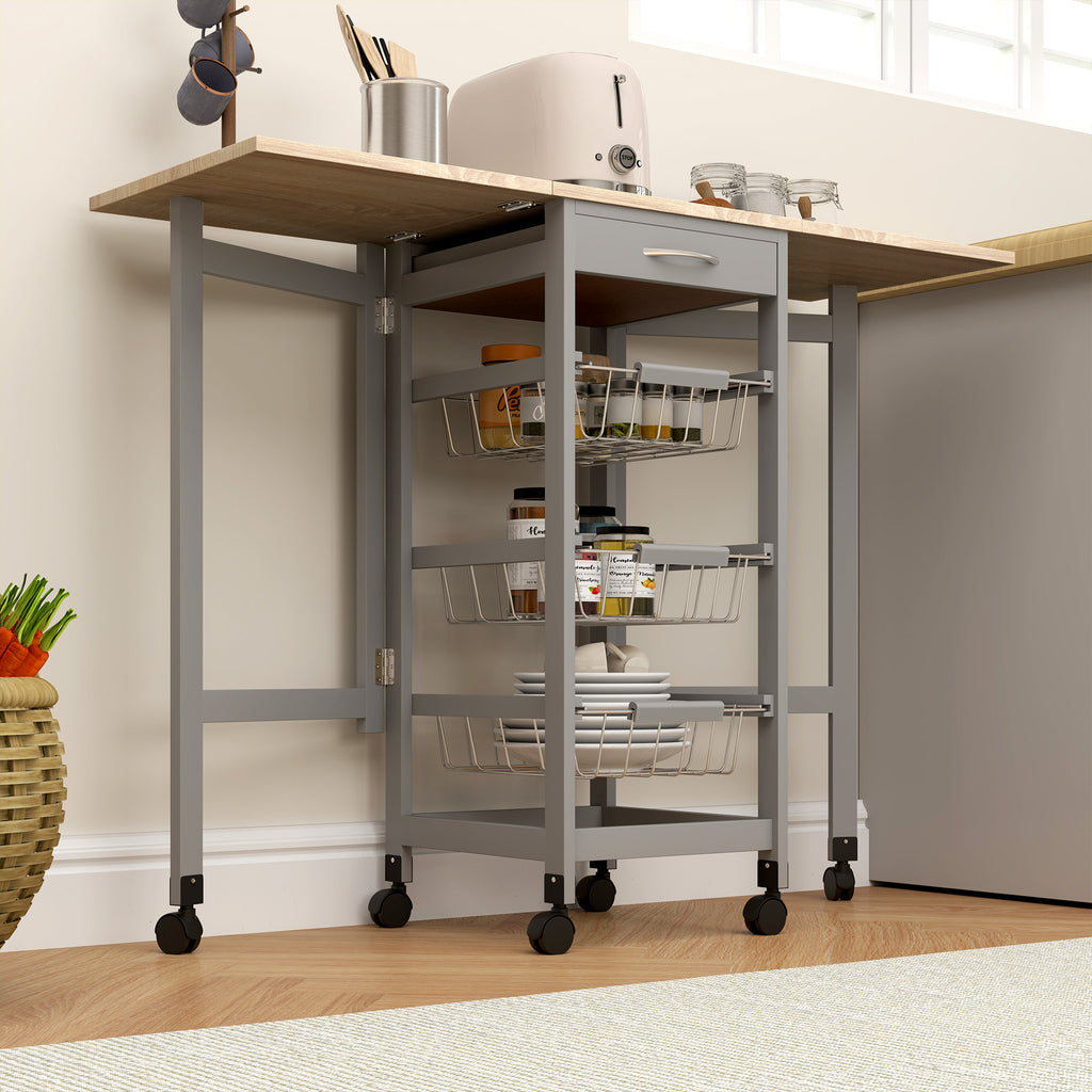 Kitchen Trolley with 3 Baskets, Drawer and 2 Flaps, in Wood and Metal, 37x37x77.5 cm, Grey and Oak