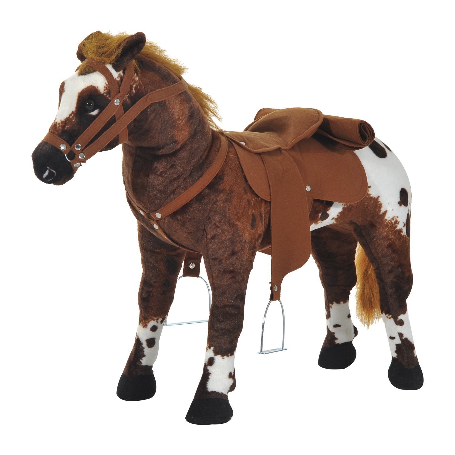 Rocking Horse for Children 2+ Years with Nitrite, Saddle and Stirrups, Plush and Metal, 85x28x60 cm, Brown