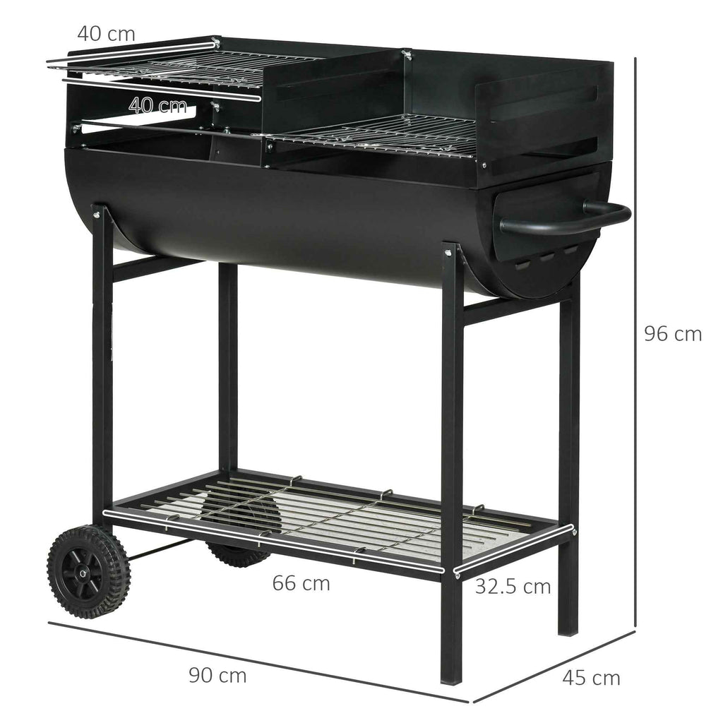 Outsunny Steel Barbecue with 2 Independent Grills, 2 Wheels, and Bottom Shelf | Black | 90cm x 45cm x 96cm