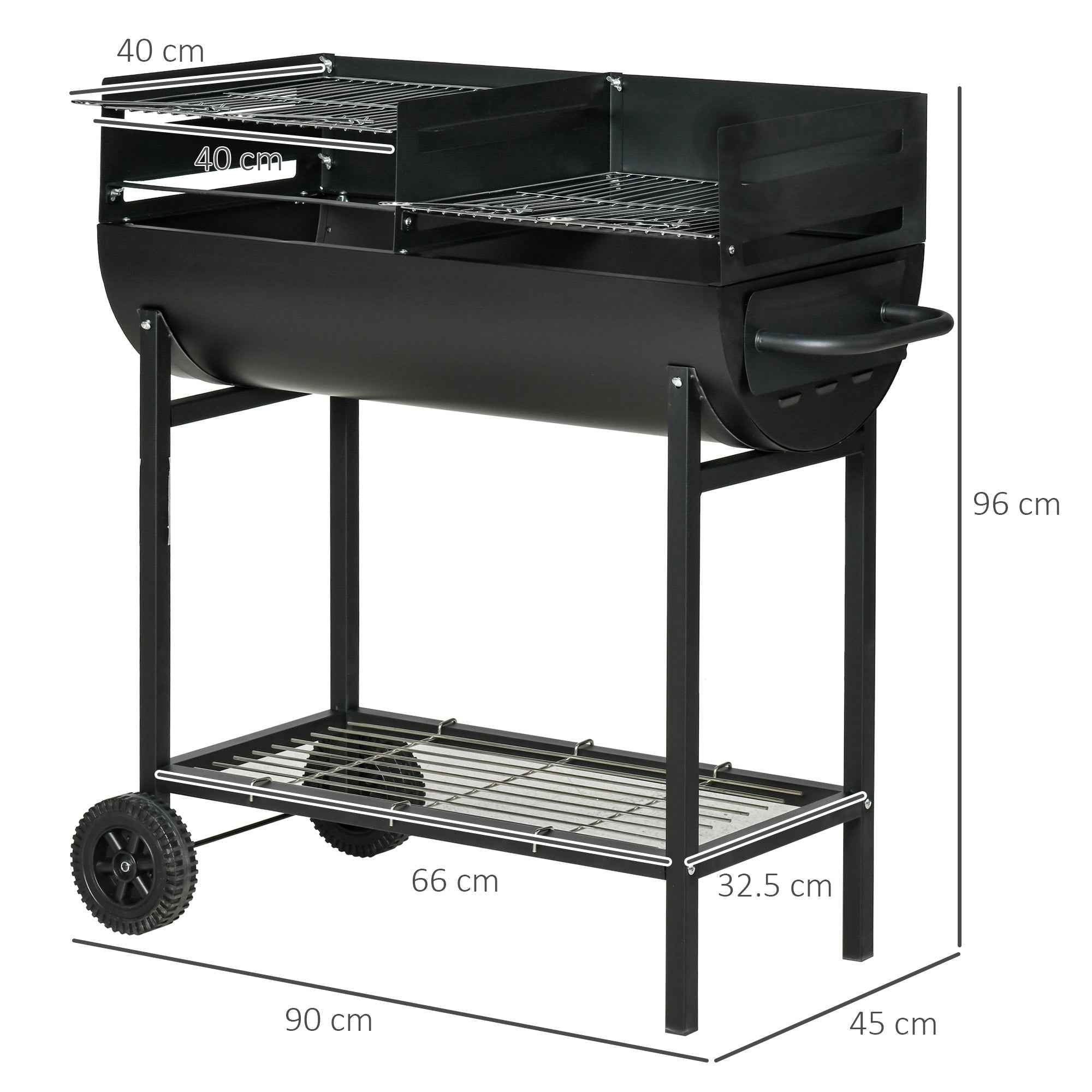 Outsunny Steel Barbecue with 2 Independent Grills, 2 Wheels, and Bottom Shelf | Black | 90cm x 45cm x 96cm