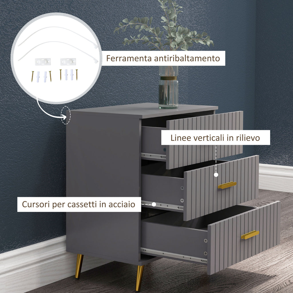 Modern 3 Drawer Chest of Drawers in Wood and Aluminum, 60x40x71.5 cm, Gold and Dark Grey