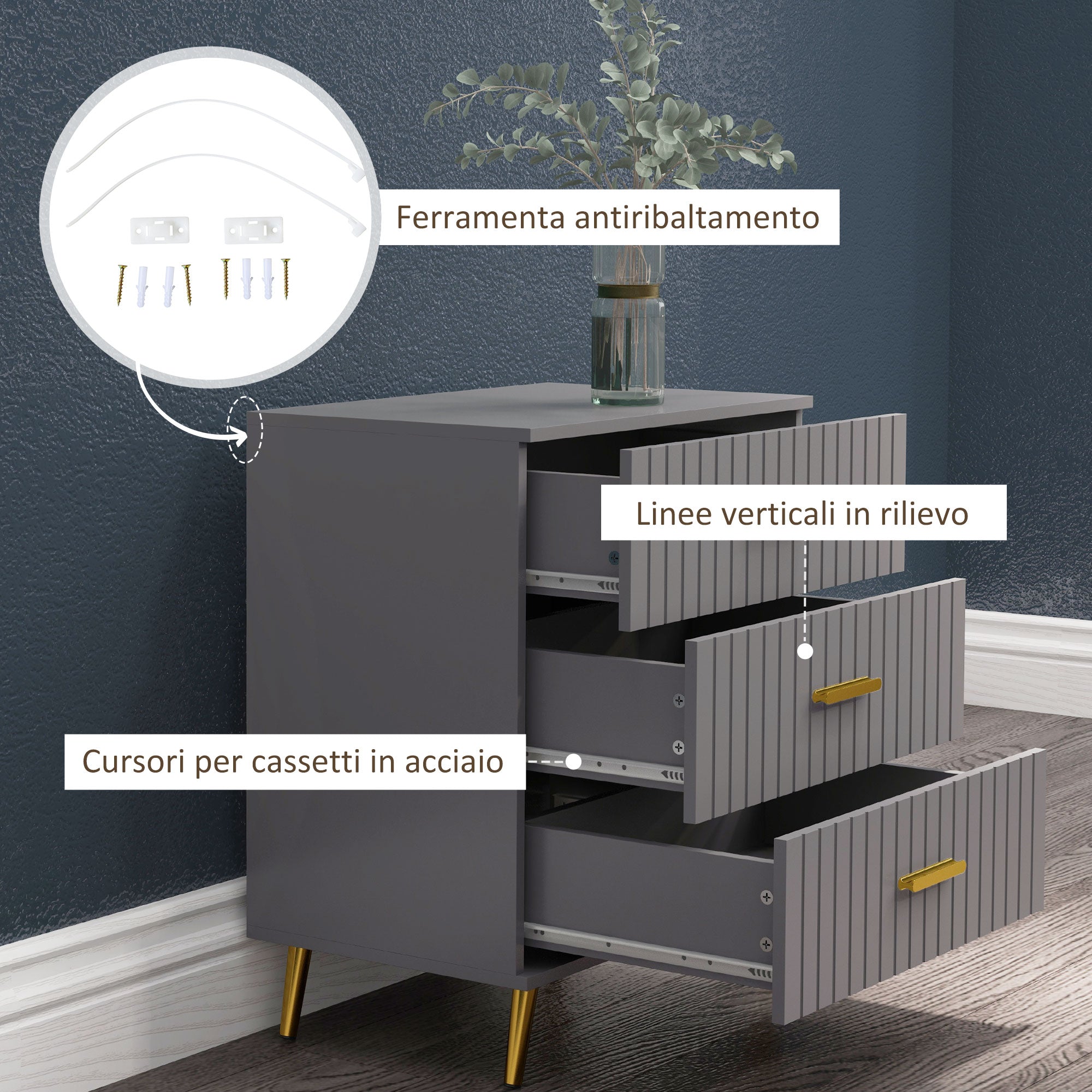 Modern 3 Drawer Chest of Drawers in Wood and Aluminum, 60x40x71.5 cm, Gold and Dark Grey