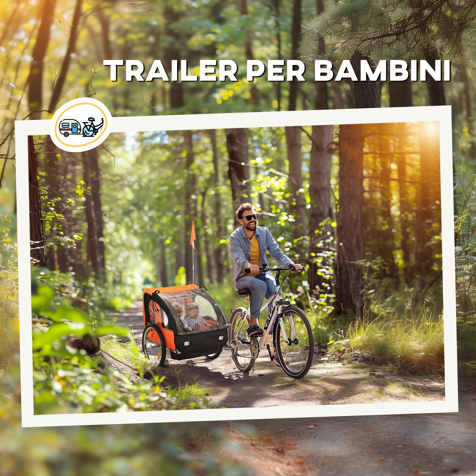 Children's Bike Trailer with 2 Seats, 2 Safety Belts, Steel Frame and Orange Oxford Fabric Cover