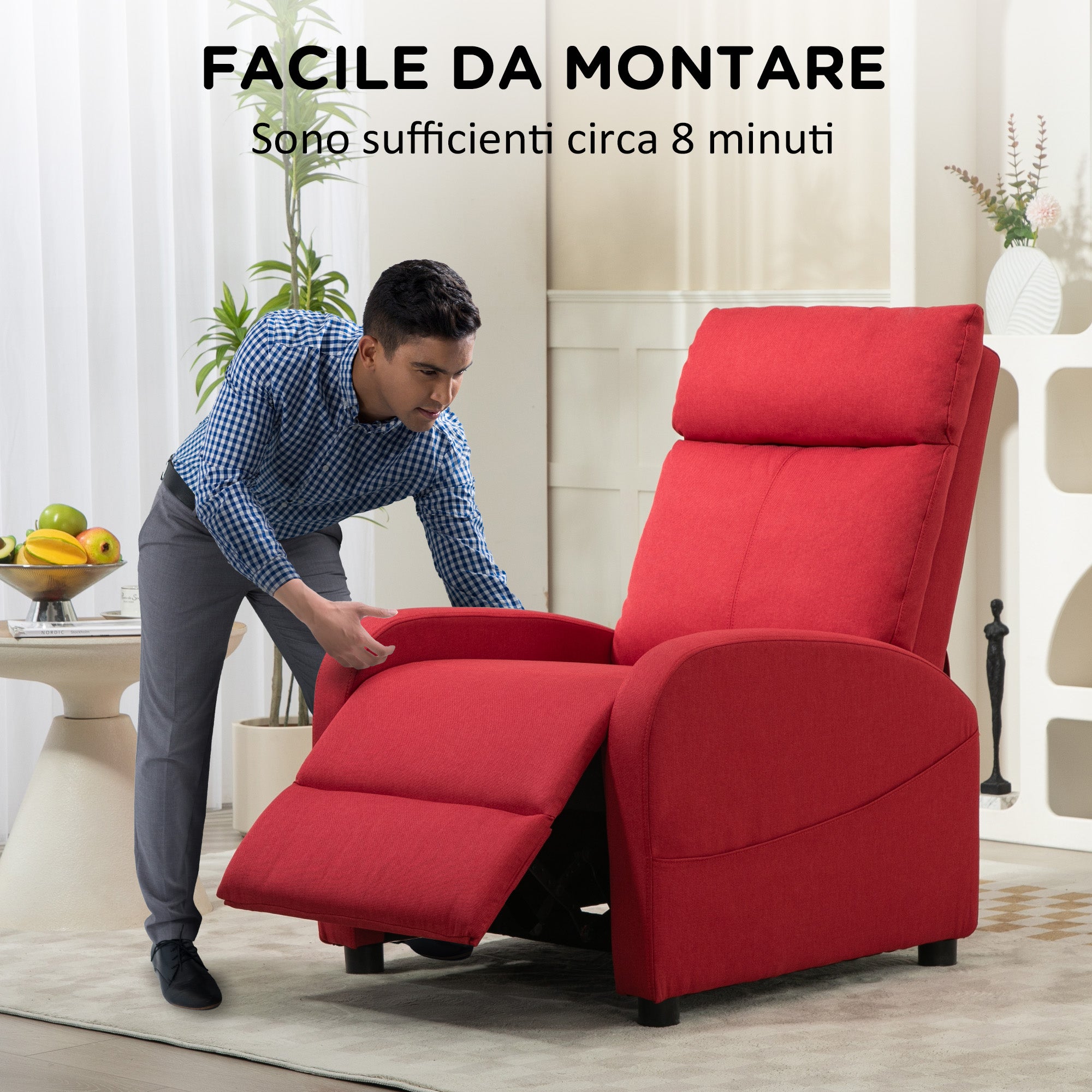 Reclining Relax Chair with Footrest in Linen Effect Fabric, 69x85x100 cm, Red