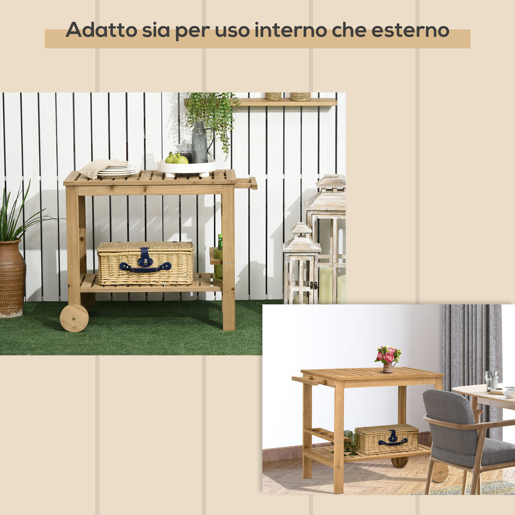 Outsunny Wooden Garden Food Cart with 2 Shelves and Bottle Holder, 95x47x74 cm, Wood Color