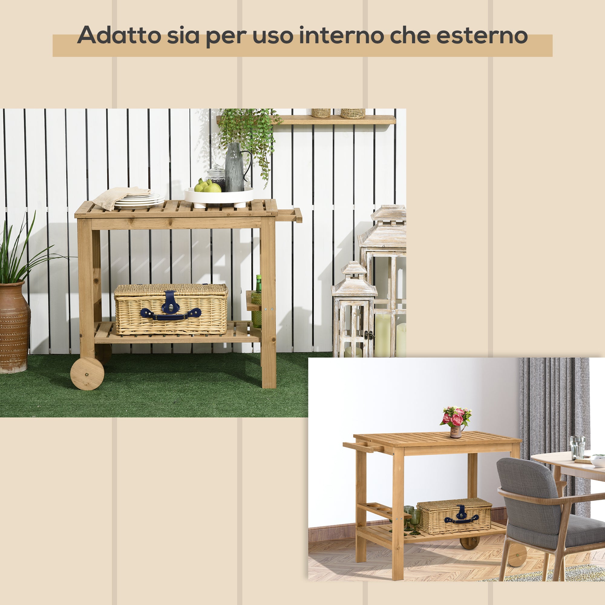 Outsunny Wooden Garden Food Cart with 2 Shelves and Bottle Holder, 95x47x74 cm, Wood Color