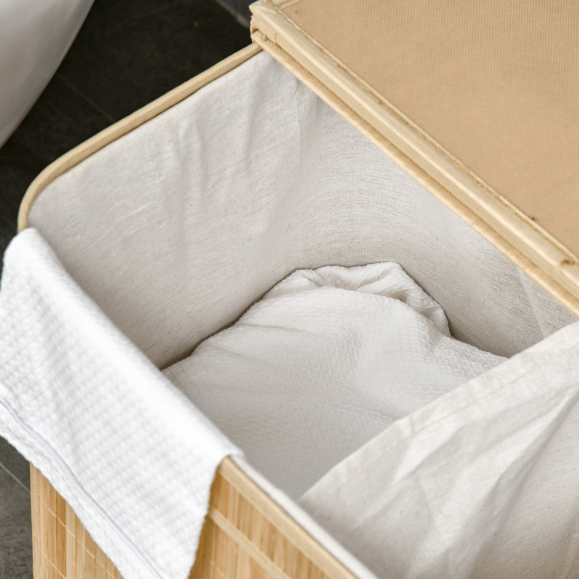 90L Foldable Laundry Basket with 2 Compartments, Bamboo Lid and Handles
