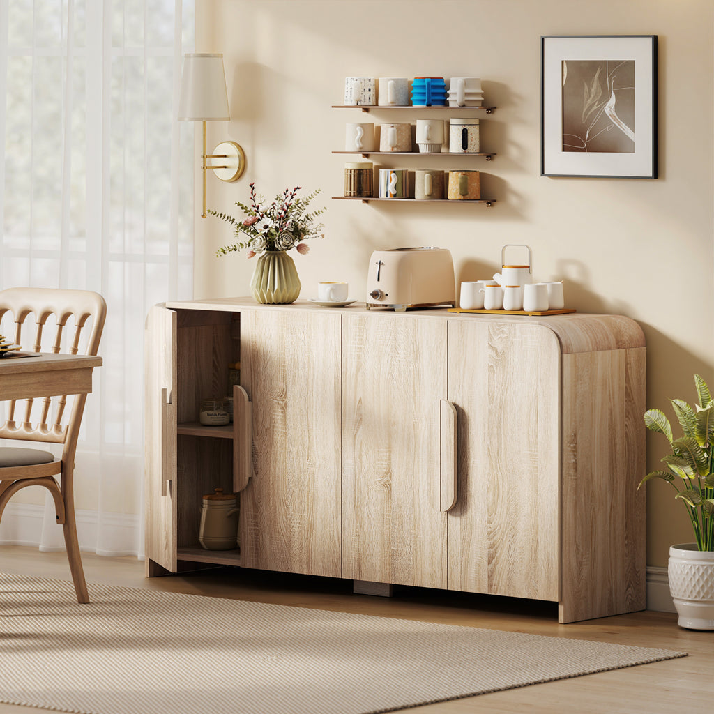 Sideboard with 2 Cabinets, Soft-Close Doors and Adjustable Shelves, 157x39x82 cm, Natural Wood