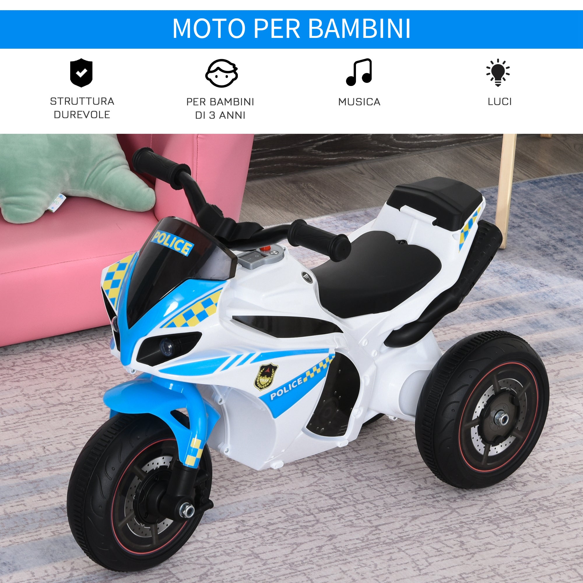 3-Wheeled Ride-On Toy Motorcycle for Kids 18-36 Months Police Style with Music and Headlights, Blue