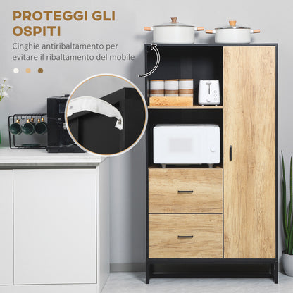 Modern Kitchen Sideboard with 2 Drawers, 2 Shelves and a Cabinet, 88x35x160 cm, Wood and Black