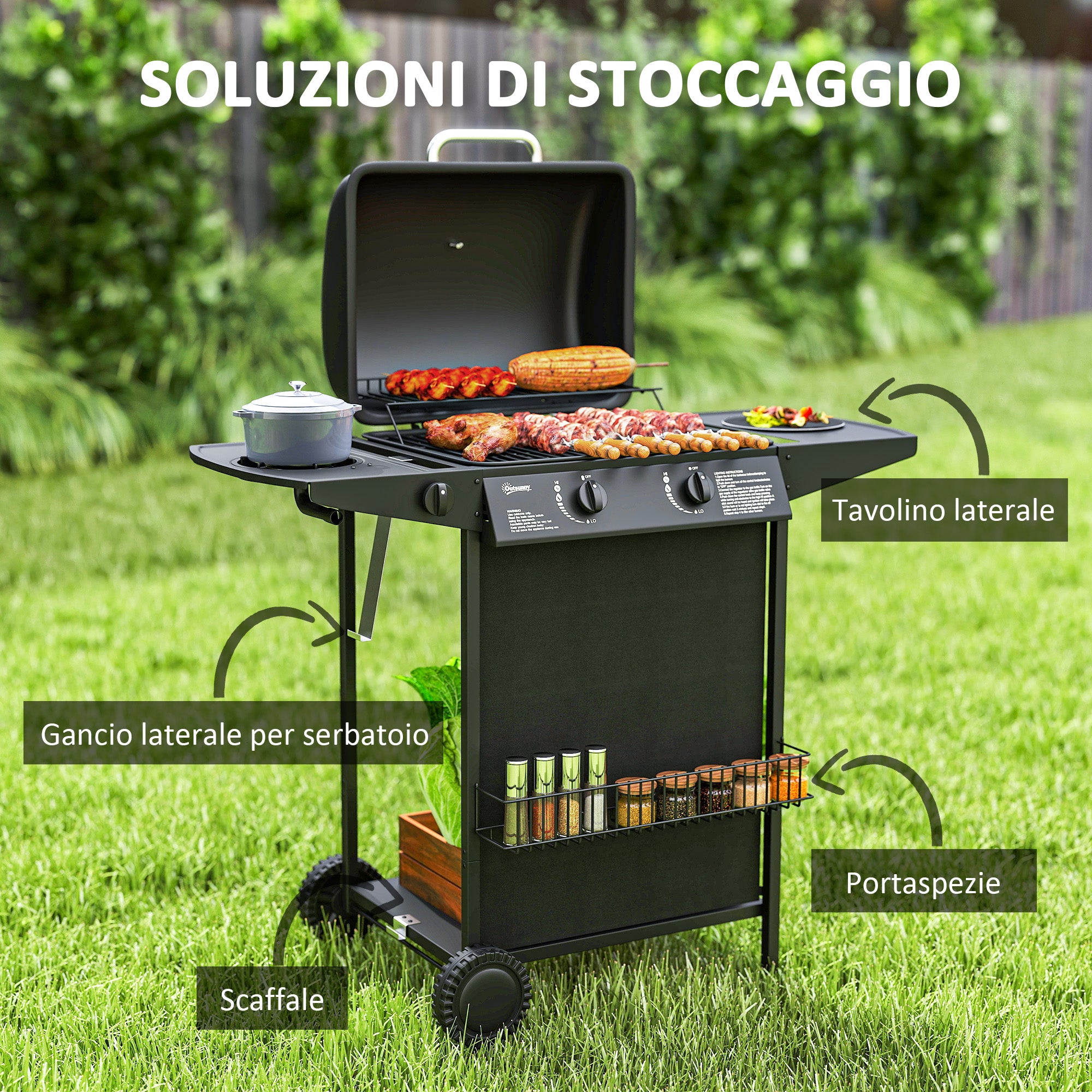 Gas Barbecue with 3 Independent Burners and Lid with Thermometer, 108x54x97 cm, Black