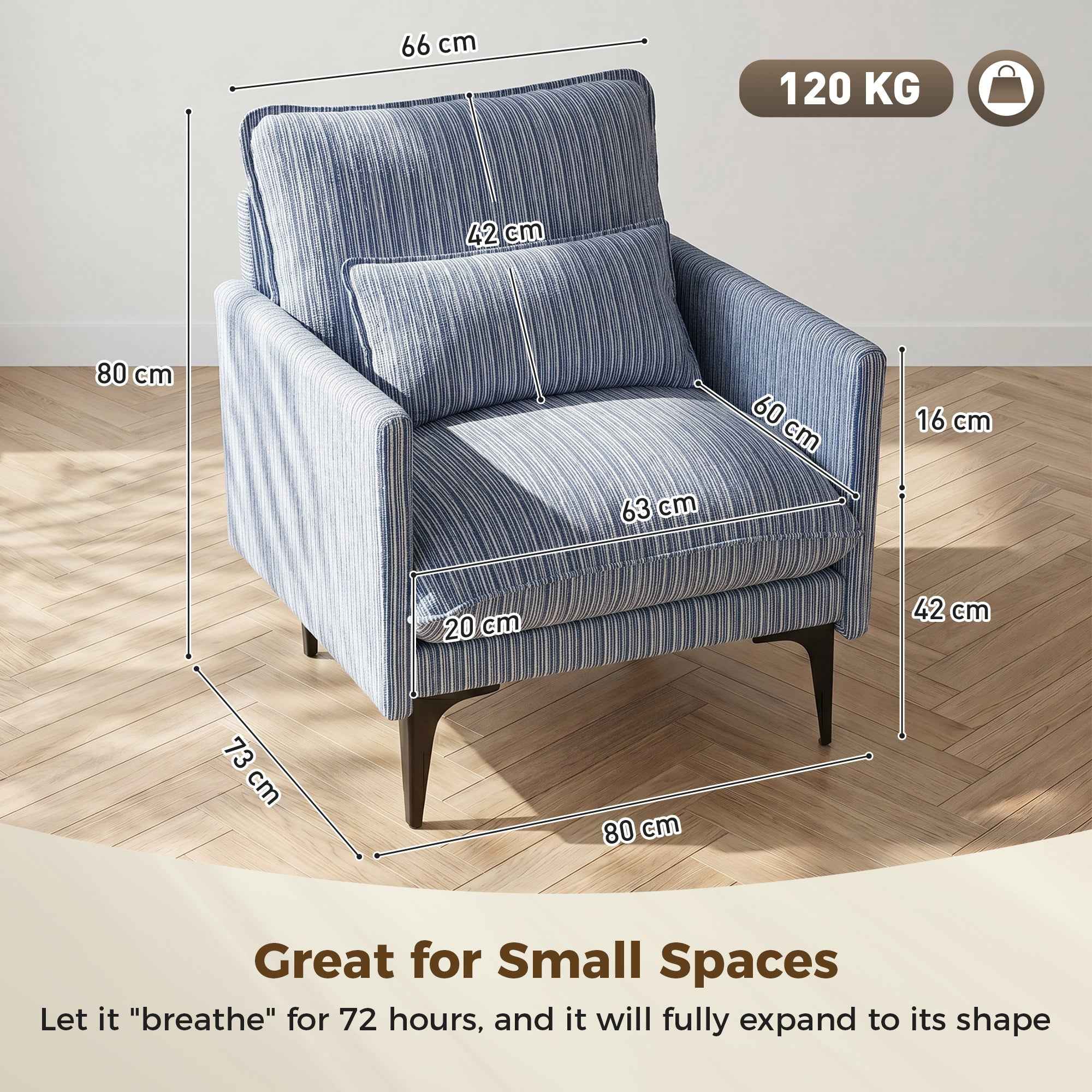 HOMCOM Upholstered Linen-Effect Fabric Lounge Chair with Armrests, Lumbar Cushion and Wide Seat, Blue