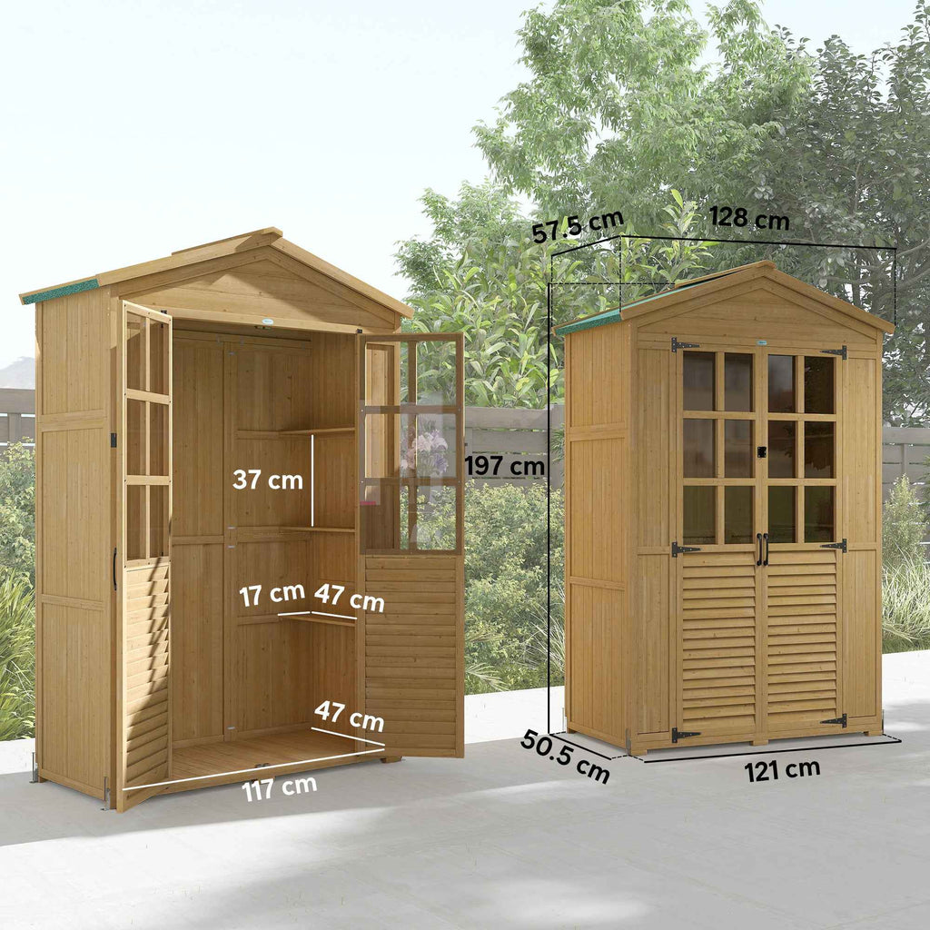 Outsunny Wooden Garden Cabinet with Clear Windows, 128x57.5x197 cm, Light Brown