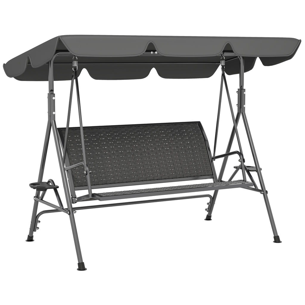 Outsunny 3-Seater Garden Swing in PE Rattan and Steel with Canopy and Cup Holder, 204x112x150 cm, Grey